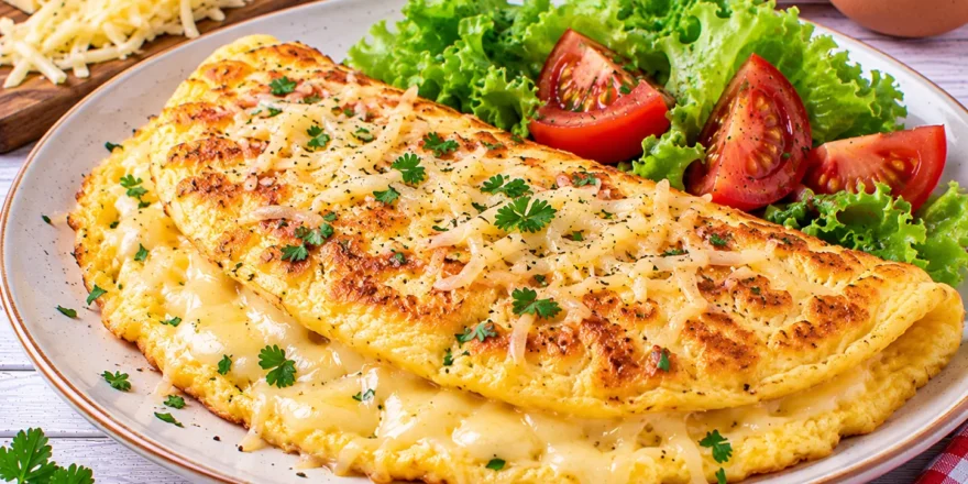 Goldgelbes Käseomelett mit geschmolzenem und geriebenem Emmentaler.