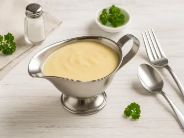 Cremige Käsesoße in Edelstahlsauciere, serviert mit moderner Tischdekoration auf weißem Holzhintergrund