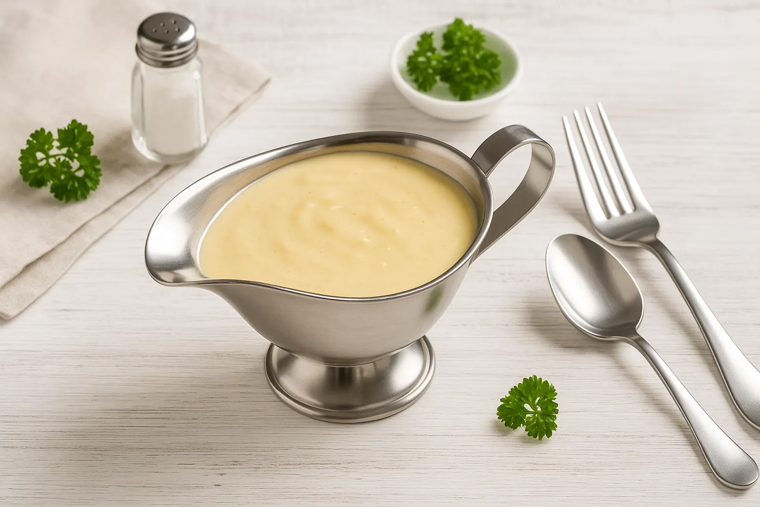 Cremige Käsesoße in Edelstahlsauciere, serviert mit moderner Tischdekoration auf weißem Holzhintergrund