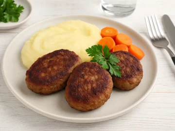 Kalbsfrikadellen, goldbraun gebraten, serviert auf Teller mit Beilage und Kräutern