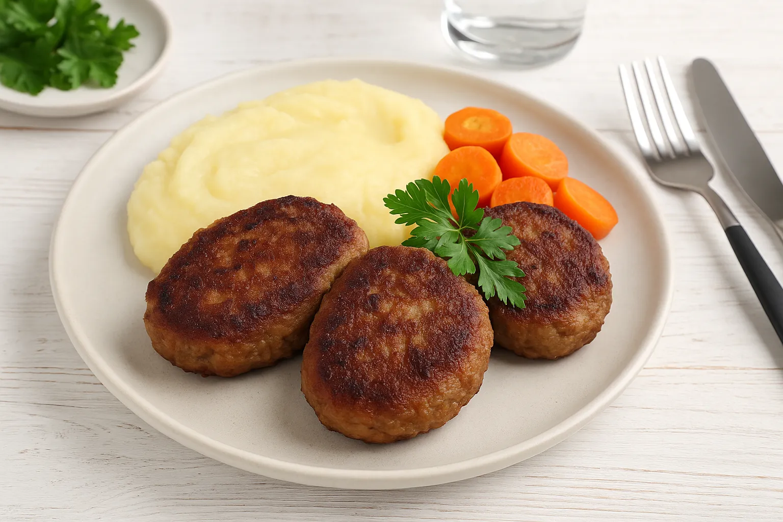 Kalbsfrikadellen, goldbraun gebraten, serviert auf Teller mit Beilage und Kräutern