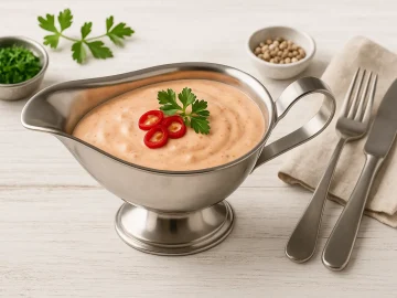 Edelstahlsauciere mit kalter Teufelssoße auf weißem Holztisch, dekoriert mit Peperoni und Petersilie