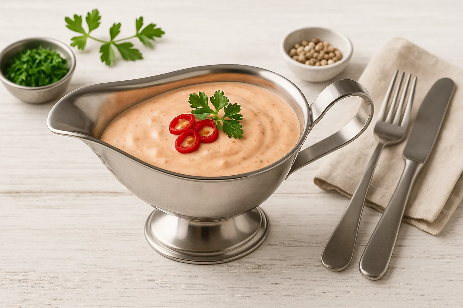 Edelstahlsauciere mit kalter Teufelssoße auf weißem Holztisch, dekoriert mit Peperoni und Petersilie