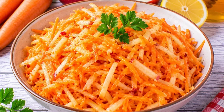Frischer Karottensalat mit geraspelten Äpfeln, Honig und Zitronensaft.