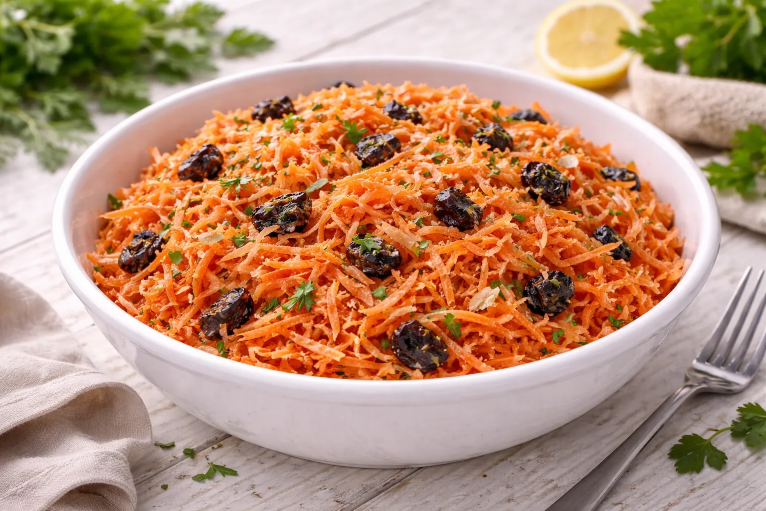 Geraspelter Karottensalat mit Meerrettich und Kräutern in weißer Schüssel