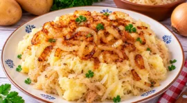 Cremiger Kartoffelbrei mit Sauerkraut und goldbraun gebratenen Zwiebeln.