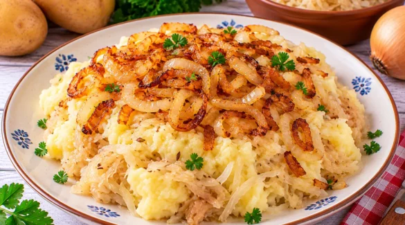 Cremiger Kartoffelbrei mit Sauerkraut und goldbraun gebratenen Zwiebeln.