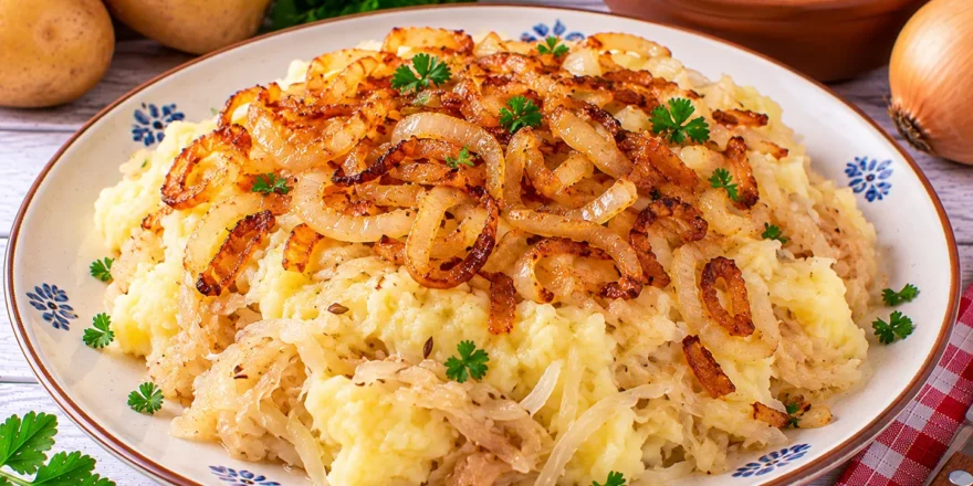 Cremiger Kartoffelbrei mit Sauerkraut und goldbraun gebratenen Zwiebeln.
