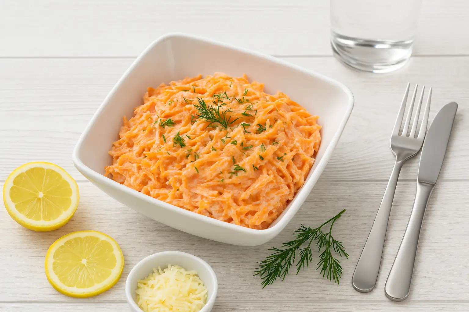  Möhrensalat mit Joghurt und Dill in viereckiger weißer Schüssel auf weißem Holztisch, dekoriert mit Zitrone und Dill.