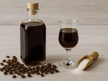 Flasche und Glas mit dunklem Mokkalikör, daneben Kaffeebohnen und Zucker auf hellem Holztisch.