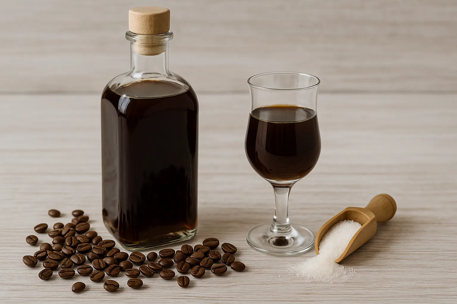 Flasche und Glas mit dunklem Mokkalikör, daneben Kaffeebohnen und Zucker auf hellem Holztisch.