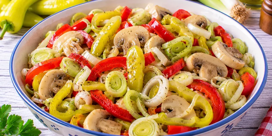 Peperonisalat mit Champignons und feinen Porreeringen in Essig-Öl-Vinaigrette.