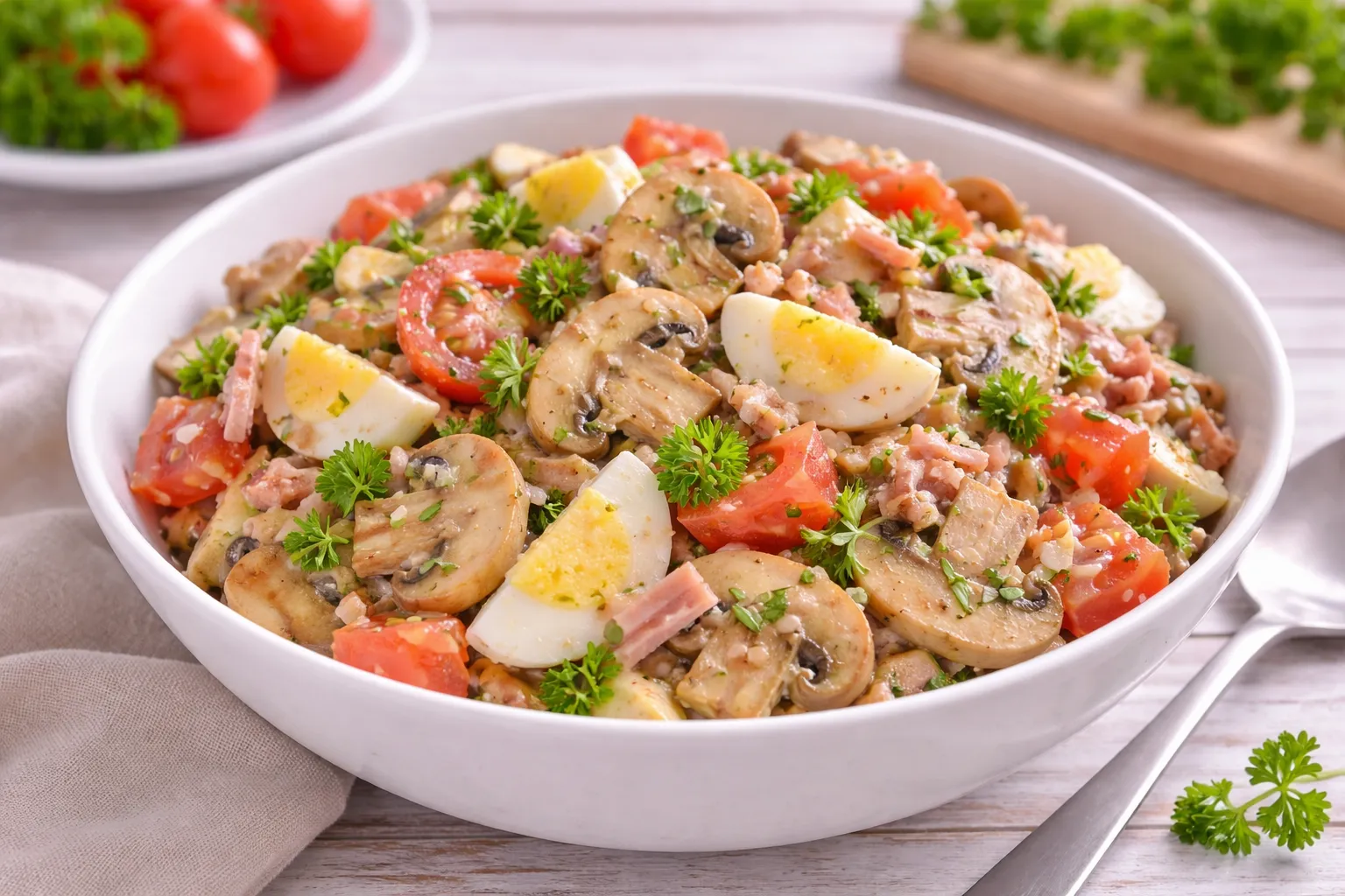 Pilzsalat mit Tomaten, Eiern, Schinken und Petersilie in einer weißen Salatschüssel auf hellem Holztisch