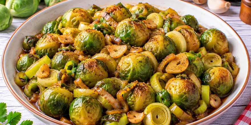 Rosenkohl mit Porree und Knoblauch in würziger Sojasoße.
