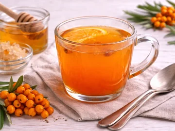 Sanddorntee in Glasbecher mit orangefarbener Teemischung, daneben Honig und Sanddornbeeren auf weißem Holztisch.