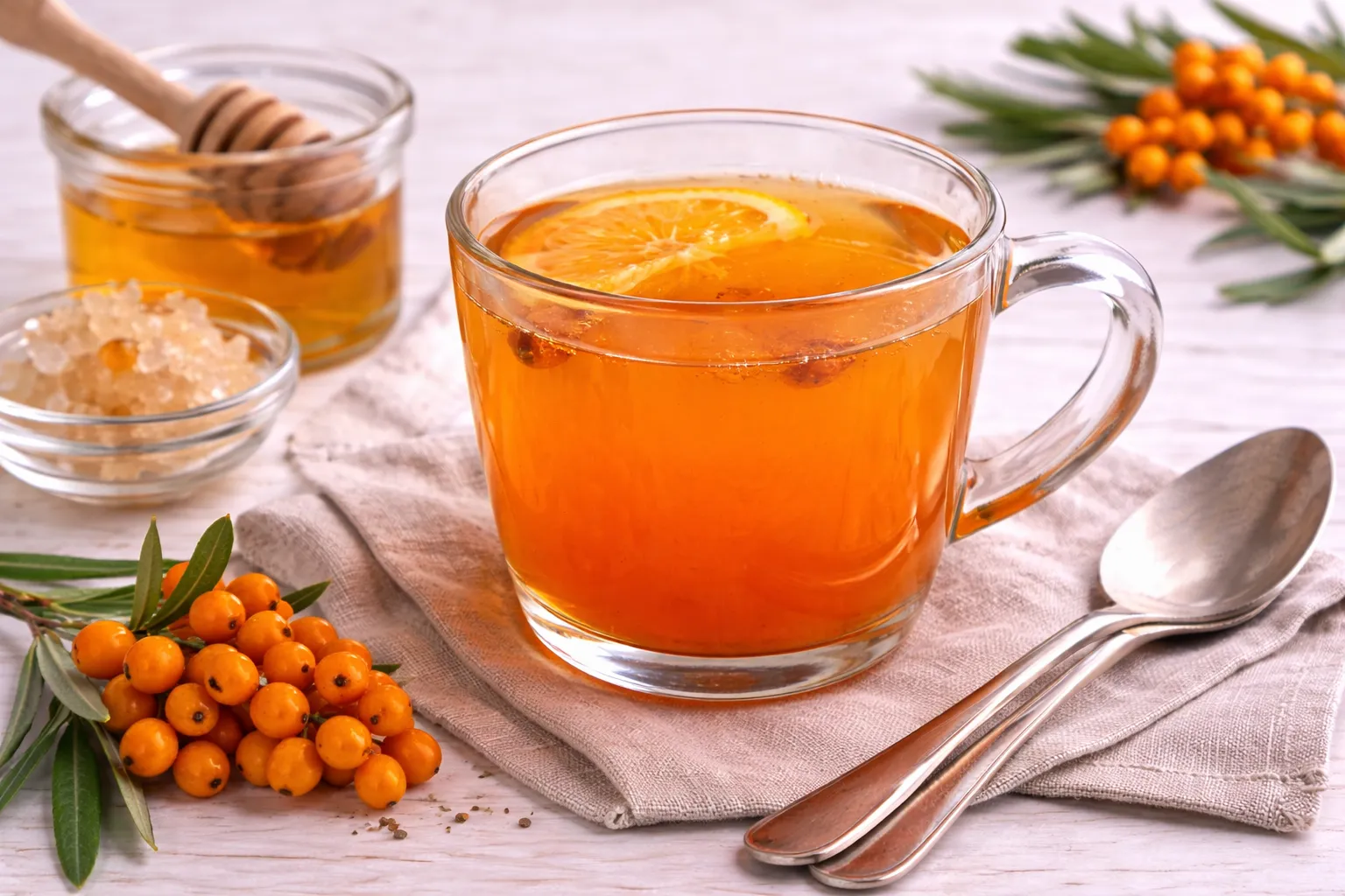 Sanddorntee in Glasbecher mit orangefarbener Teemischung, daneben Honig und Sanddornbeeren auf weißem Holztisch.