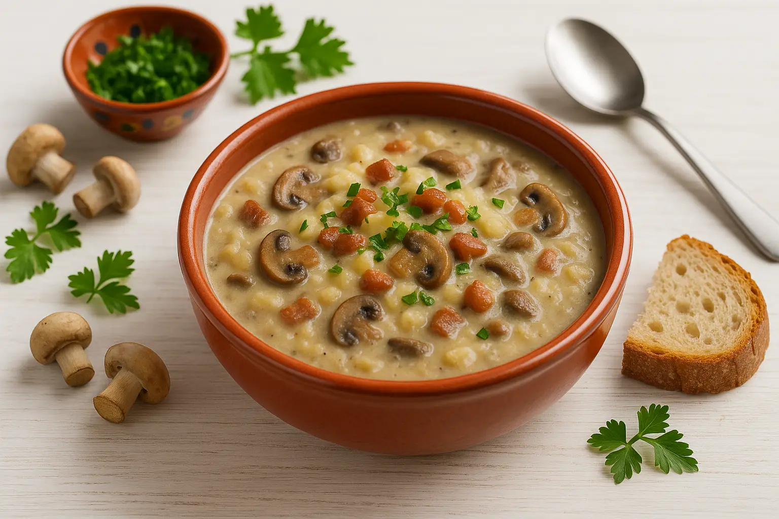  Sorbische Pilz-Kartoffel-Suppe mit Pilzen und Speck in roter Suppenschüssel auf weißem Holzhintergrund