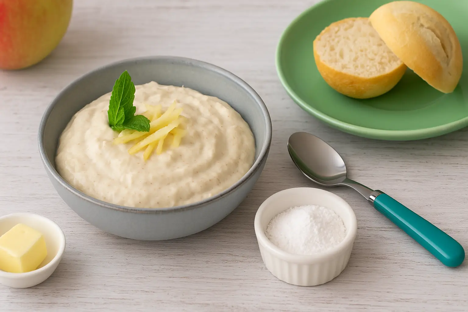  Cremiger süßer Aufstrich aus Gervaiskäse und Apfel in Schale, mit Apfelraspeln und Minze auf hellem Holztisch.