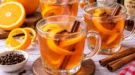 Heißer Tee-Orangen-Grog mit Orangenschale, Zimt, Nelken, Wermut und Rum.