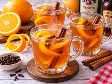 Heißer Tee-Orangen-Grog mit Orangenschale, Zimt, Nelken, Wermut und Rum.