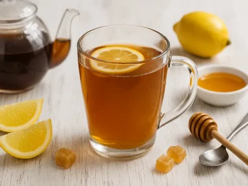 Gläser mit heißem Teegrog aus schwarzem Tee, Rum und Weinbrand, dekoriert mit Zitrone und Honig, auf weißem Holzhintergrund.