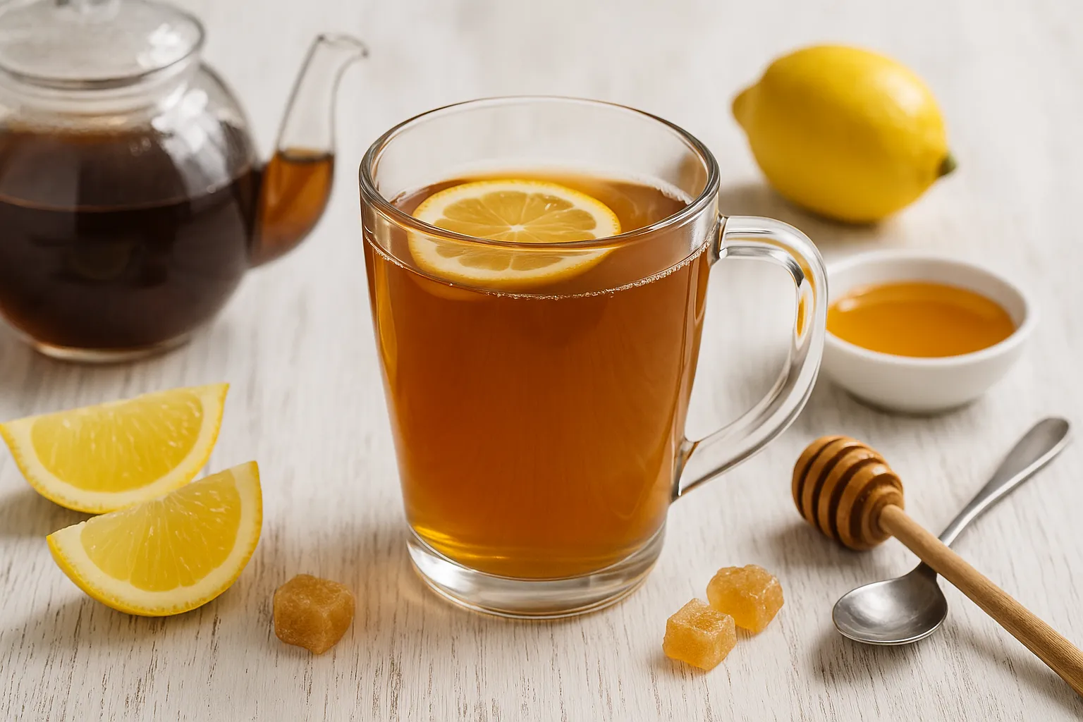 Gläser mit heißem Teegrog aus schwarzem Tee, Rum und Weinbrand, dekoriert mit Zitrone und Honig, auf weißem Holzhintergrund.