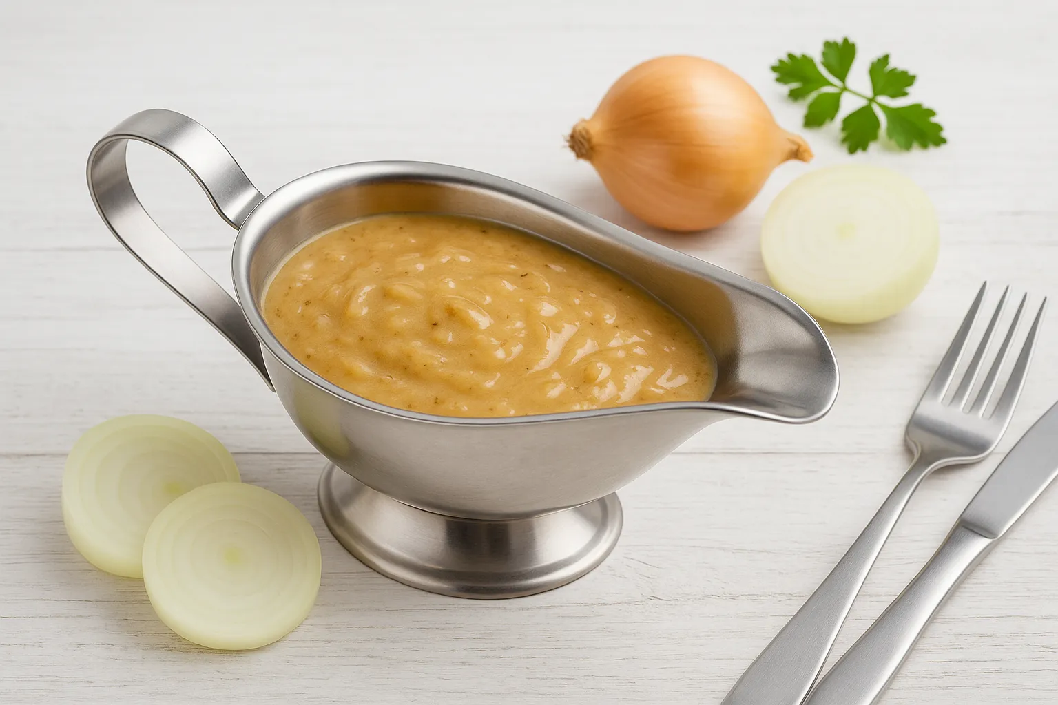 Zwiebelsoße in eleganter Edelstahlsauciere, serviert auf Holztisch mit frischen Zwiebeln und Petersilie