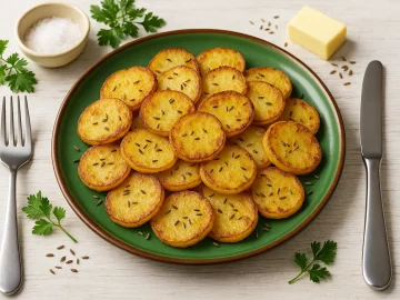 Knusprig gebratene Kartoffelscheiben auf grünem DDR-Teller, mit Butter, Kräutern und moderner Tischdeko auf weißem Holztisch.