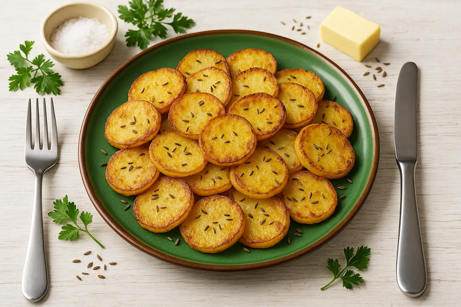  Knusprig gebratene Kartoffelscheiben auf grünem DDR-Teller, mit Butter, Kräutern und moderner Tischdeko auf weißem Holztisch.