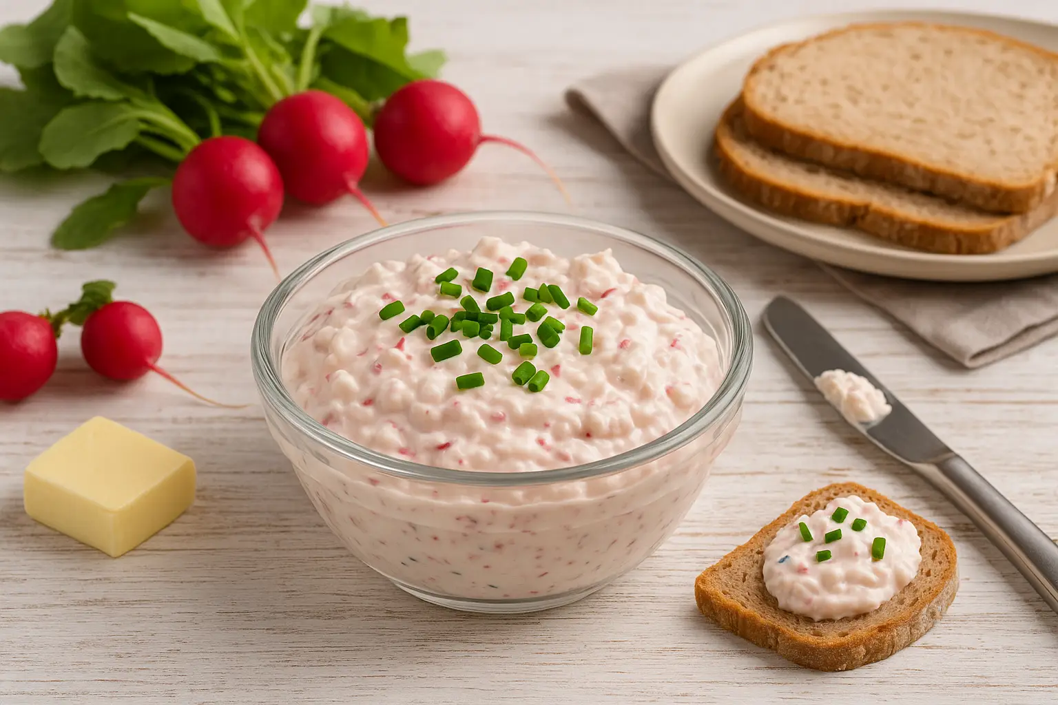  Aufstrich aus Radieschen, Weichkäse und Butter in Glasschale, garniert mit Schnittlauch, serviert mit Brot auf weißem Holztisch.
