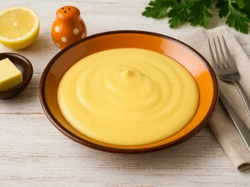 Billige holländische Soße auf orangefarbenem Teller, serviert mit Butter, Zitrone und moderner Deko auf weißem Holztisch.