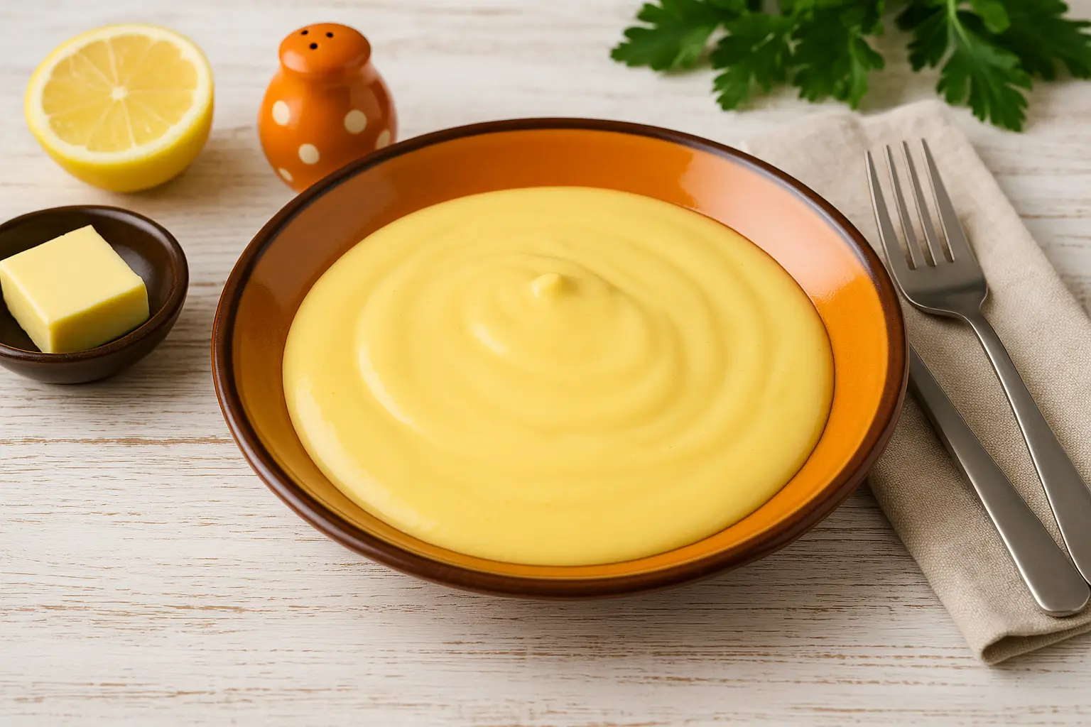  Billige holländische Soße auf orangefarbenem Teller, serviert mit Butter, Zitrone und moderner Deko auf weißem Holztisch.