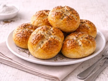Frisch gebackene Brötchen mit Kümmel auf einem weißen Teller angerichtet, daneben modernes Besteck auf heller Holzoberfläche.