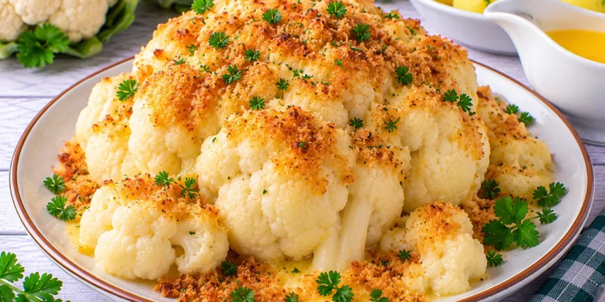 Gekochter weißer Blumenkohl mit Butter und goldbraun gerösteten Semmelbröseln.