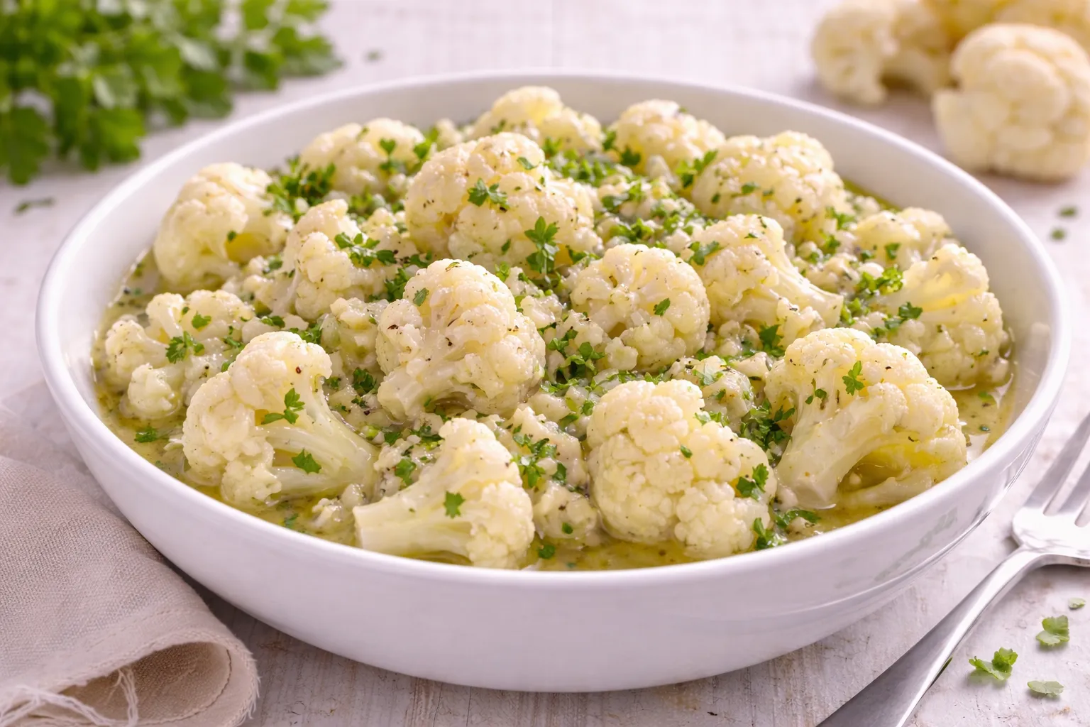 Blumenkohlsalat mit Marinade in weißer Schüssel auf hellem Holzhintergrund
