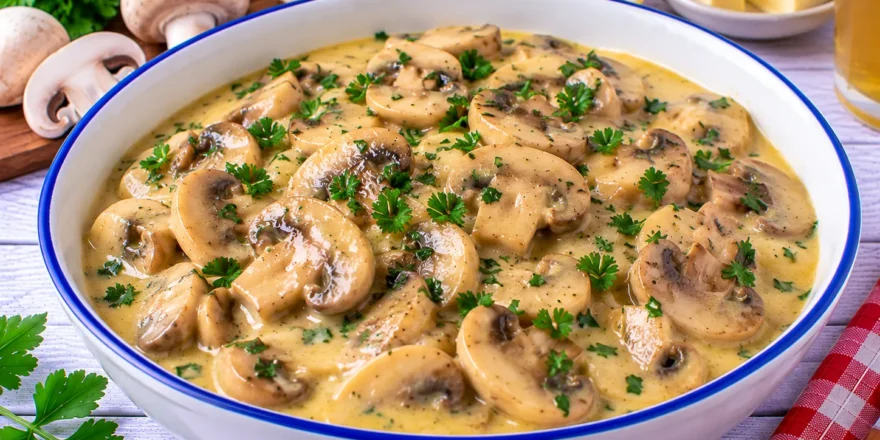 Champignons in cremiger Eidottersoße mit Butter, Zitrone und frischer Petersilie.