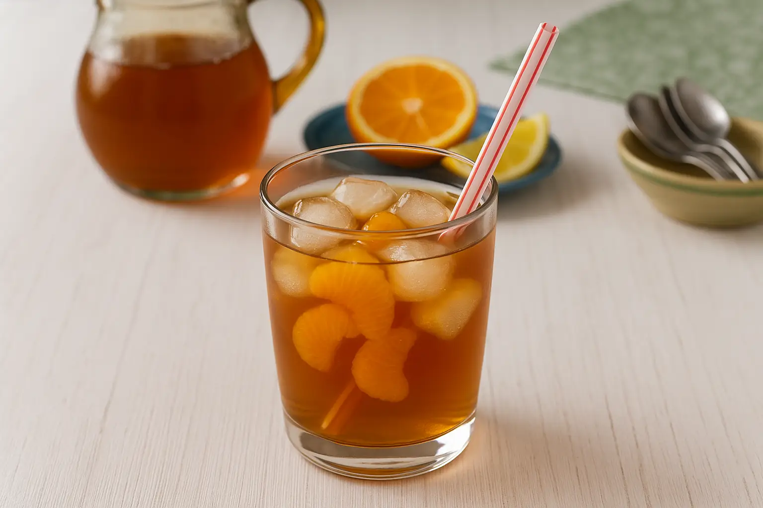  Eistee mit Mandarinen und Eiswürfeln in Glas, dekoriert mit Mandarinenstücken und Strohhalm auf weißem Holztisch.
