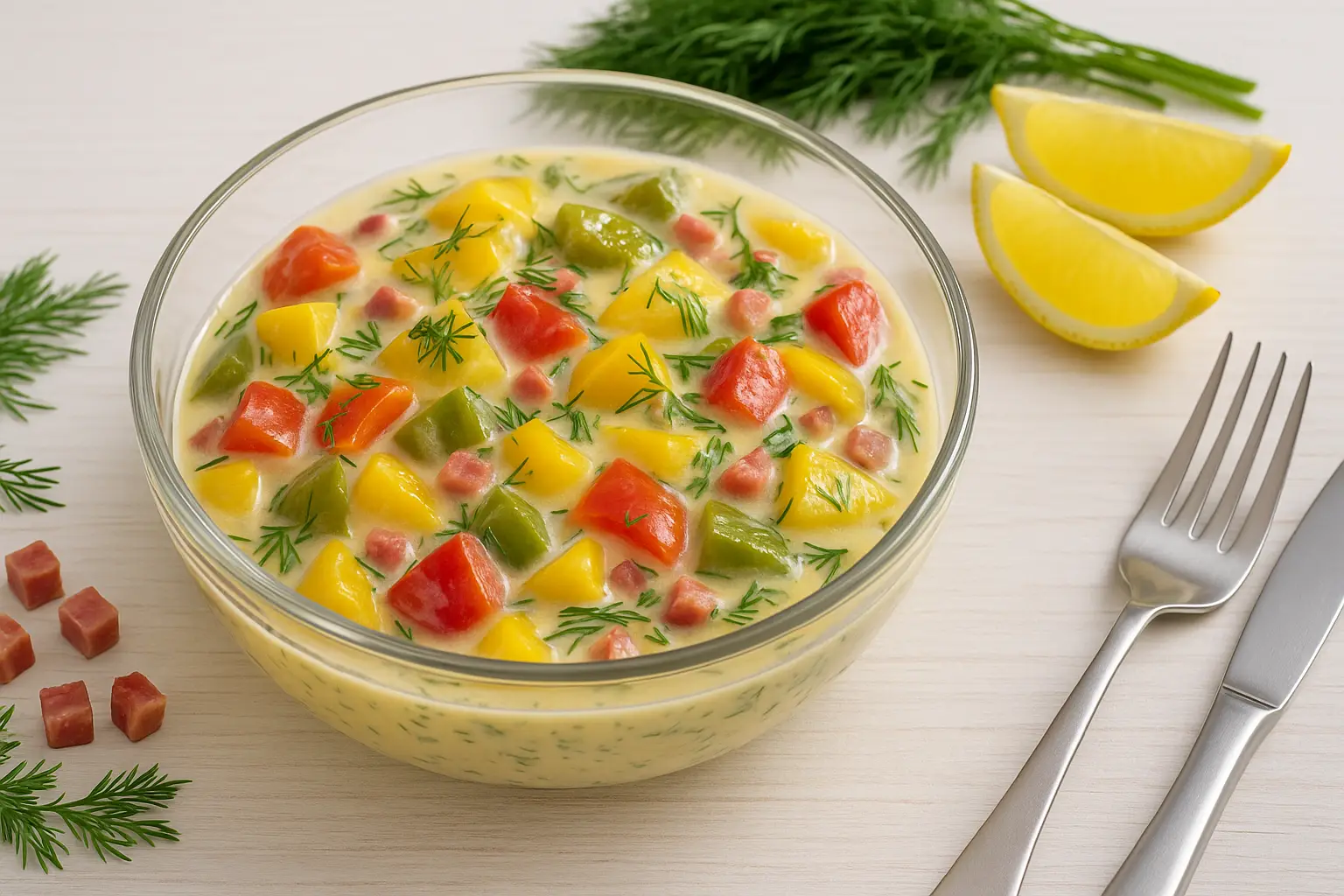  Gedünstete Paprikaschoten mit Dill und Speck in cremiger Sahnesoße, serviert in Glasschale auf weißem Holztisch.