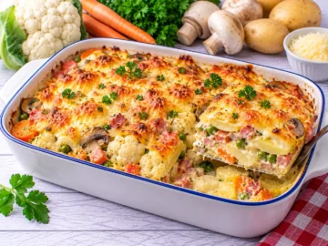 Goldbraun gebackener Gemüseauflauf mit Kartoffeln, Gemüse, Pilzen, Schinken und Käse.