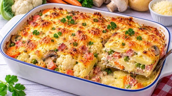Goldbraun gebackener Gemüseauflauf mit Kartoffeln, Gemüse, Pilzen, Schinken und Käse.