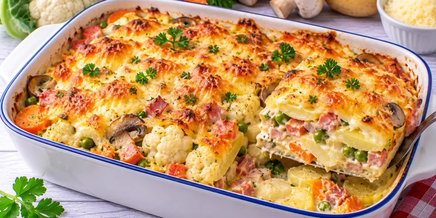 Goldbraun gebackener Gemüseauflauf mit Kartoffeln, Gemüse, Pilzen, Schinken und Käse.