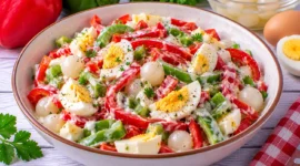 Bunter Paprikasalat mit hartgekochten Eiern, Einmachzwiebeln und cremigem Joghurt-Dressing.