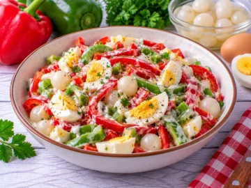 Bunter Paprikasalat mit hartgekochten Eiern, Einmachzwiebeln und cremigem Joghurt-Dressing.