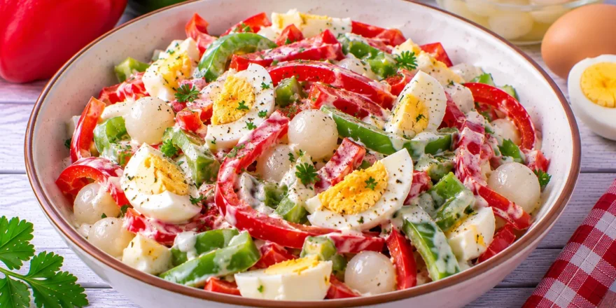 Bunter Paprikasalat mit hartgekochten Eiern, Einmachzwiebeln und cremigem Joghurt-Dressing.