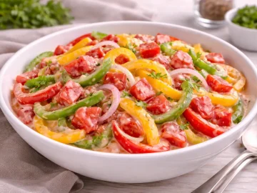 Gemüsepaprikasalat mit Paprikastreifen, Tomaten, Zwiebeln und Tomatensahne-Dressing in weißer Schüssel auf hellem Holztisch.