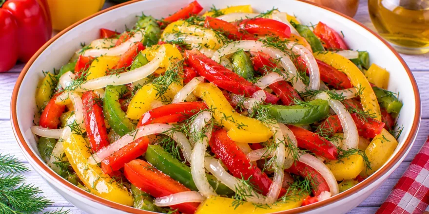 Bunter Paprikasalat mit Zwiebeln, frischem Dill und Essig-Öl-Dressing.