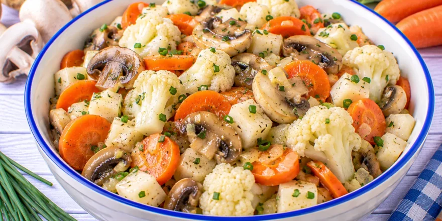 Gemüsesalat mit Champignons, Blumenkohl, Möhren, Sellerie und Schnittlauch.