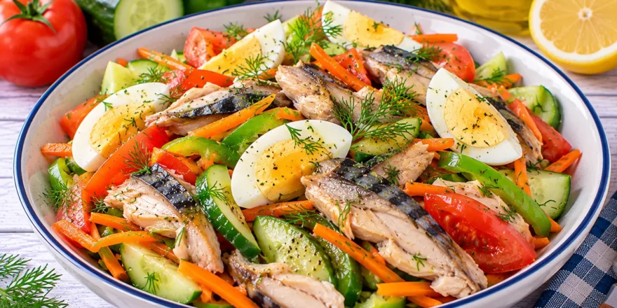 Bunter Gemüsesalat mit Makrele, Tomaten, Gurke, Paprika, Karotten, Ei und Dill.