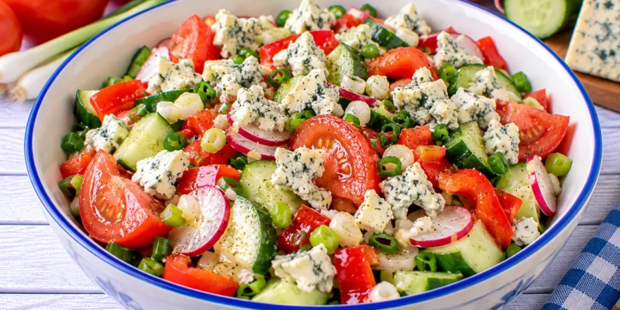 Bunter Gemüsesalat mit Tomaten, Paprika, Gurke, Radieschen und zerbröseltem Roquefortkäse.