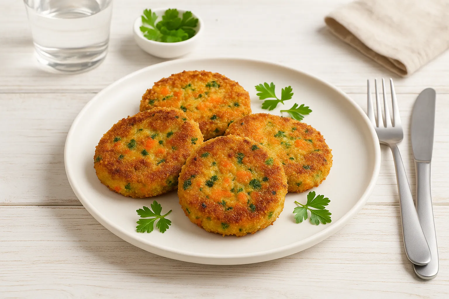  Gemüseschmarren als goldbraune Gemüseplätzchen auf weißem Teller, serviert auf weißem Holztisch mit moderner Dekoration.